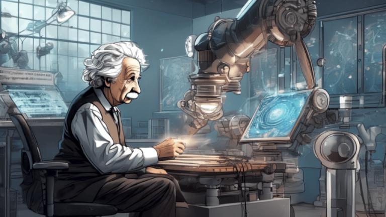 Albert Einstein in a studio lab building artificial intelligence comic book 8K