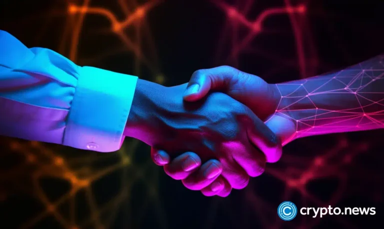 crypto news two people shaking hands deal office background neon colors01