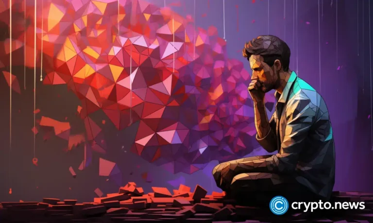 crypto news sad man looks at destroyed holographic sculpture down trading chart background low poly style v5.2