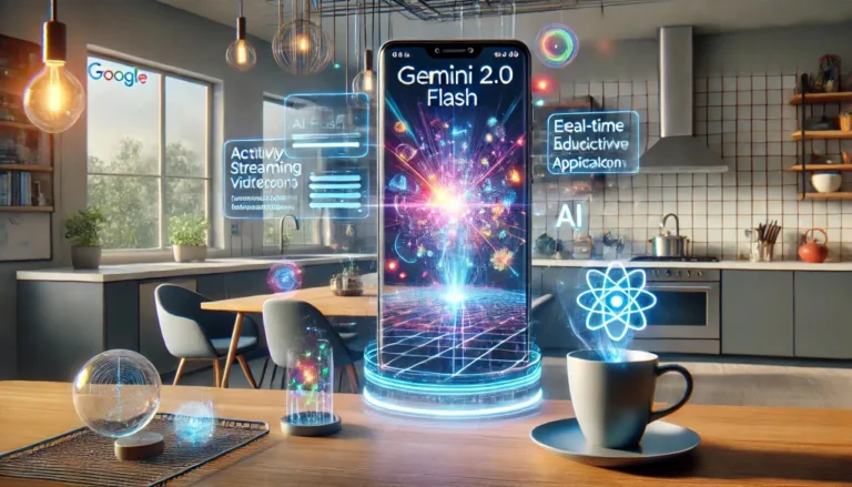 DALL·E 2024 12 13 08.33.24 A visually captivating representation of Googles Gemini 2.0 Flash technology. The image showcases a futuristic scene with a smartphone actively strea