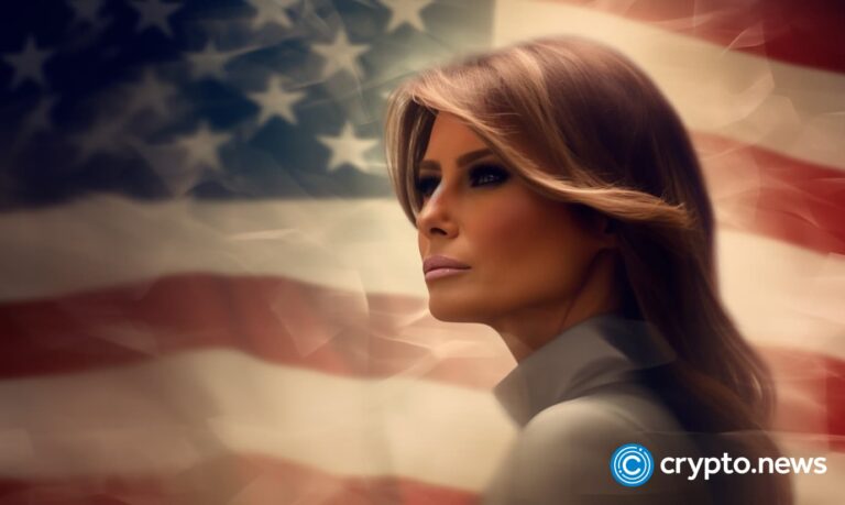 crypto news Melania Trump front side view portrait blurry hologram usa flag background v5.1