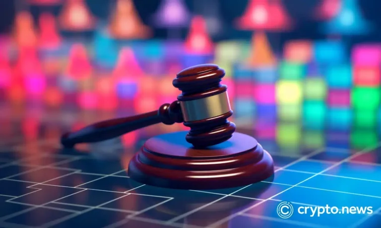 crypto news the judges gavel on the table blurry blockchain pyramid background neon colors low poly style02