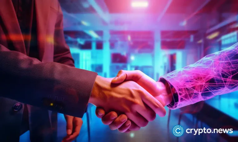 crypto news two people shaking hands deal office background neon colors03