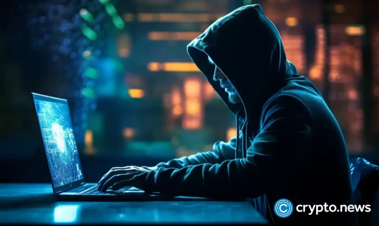 crypto news hacker watch on his laptop blue flame on the screen matrix blue program code Decentraliz