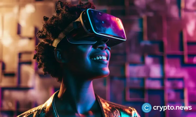 crypto news smiling black woman in vr glasses over grid box burning blockchain and artificial intell